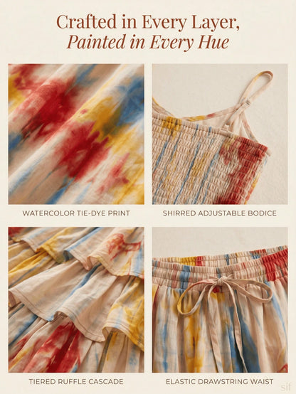 Women's Bohemian Tie-Dye Two-Piece Set Sleeveless Spaghetti Strap Top & Tiered Skirt Elegant Summer Outfit