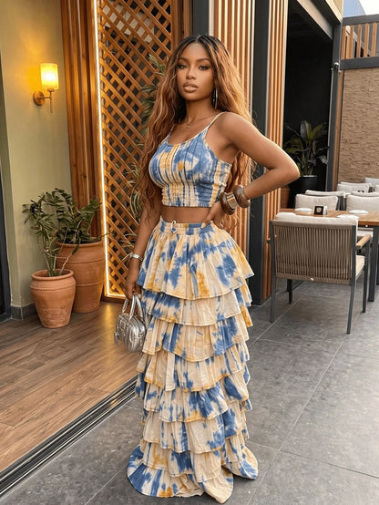 Women's Bohemian Tie-Dye Two-Piece Set Sleeveless Spaghetti Strap Top & Tiered Skirt Elegant Summer Outfit