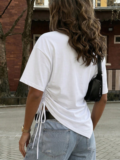 Women's Casual Asymmetrical Drawstring Loose Round Neck T-Shirt, Suitable For Daily Commute And Dates, Spring/Summer White