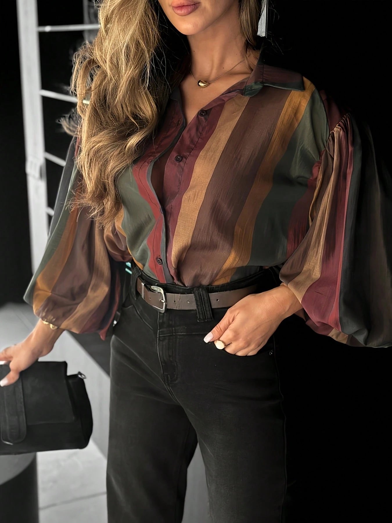 Women's Casual Color Block Shirt| Retro Striped + Lantern Sleeve Design, Slimming And Flattering, Vintage Sheer Blouse That Looks Amazing On| Color Blocking Striped Design Adds Sophistication, Great