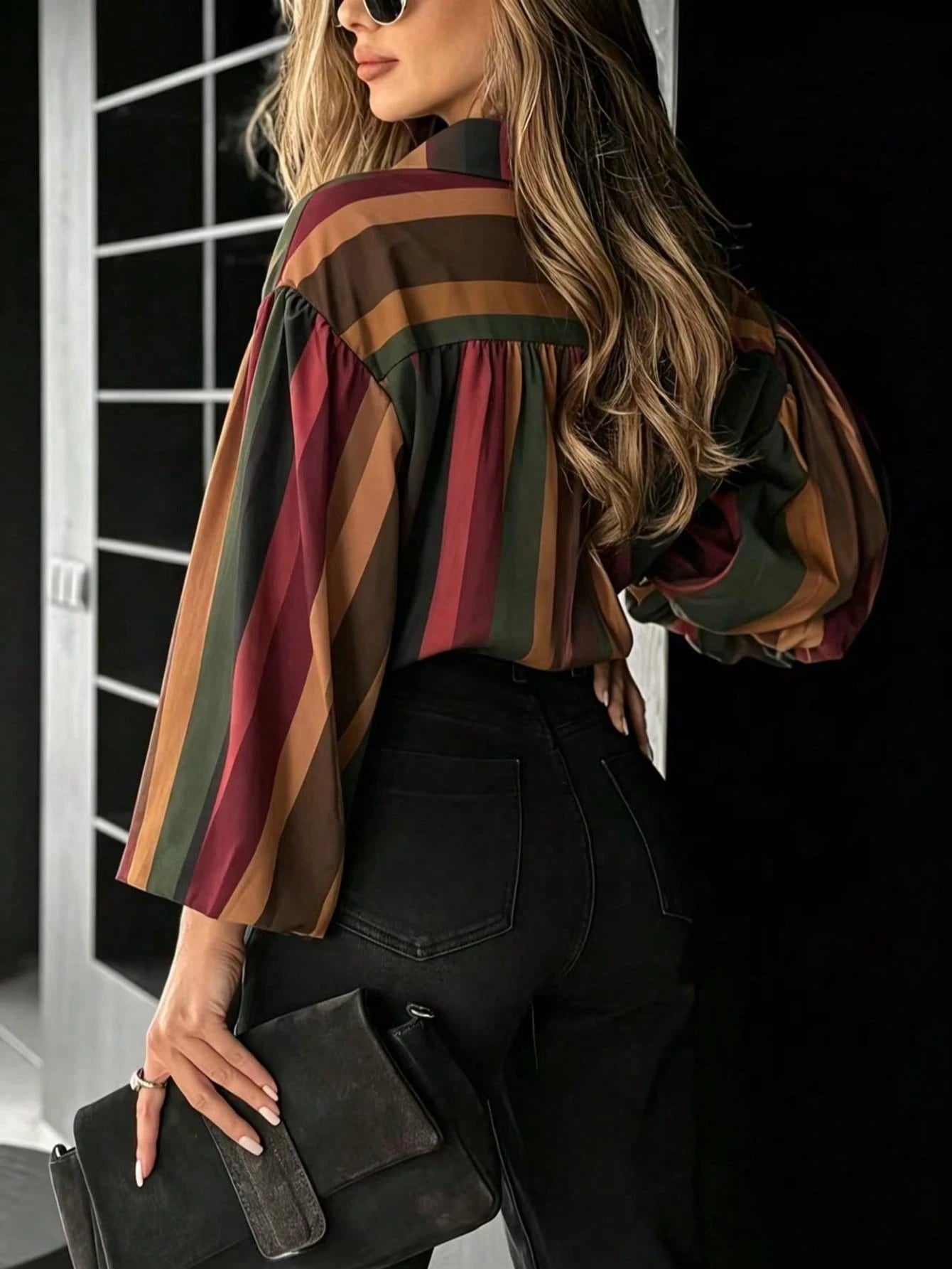 Women's Casual Color Block Shirt| Retro Striped + Lantern Sleeve Design, Slimming And Flattering, Vintage Sheer Blouse That Looks Amazing On| Color Blocking Striped Design Adds Sophistication, Great