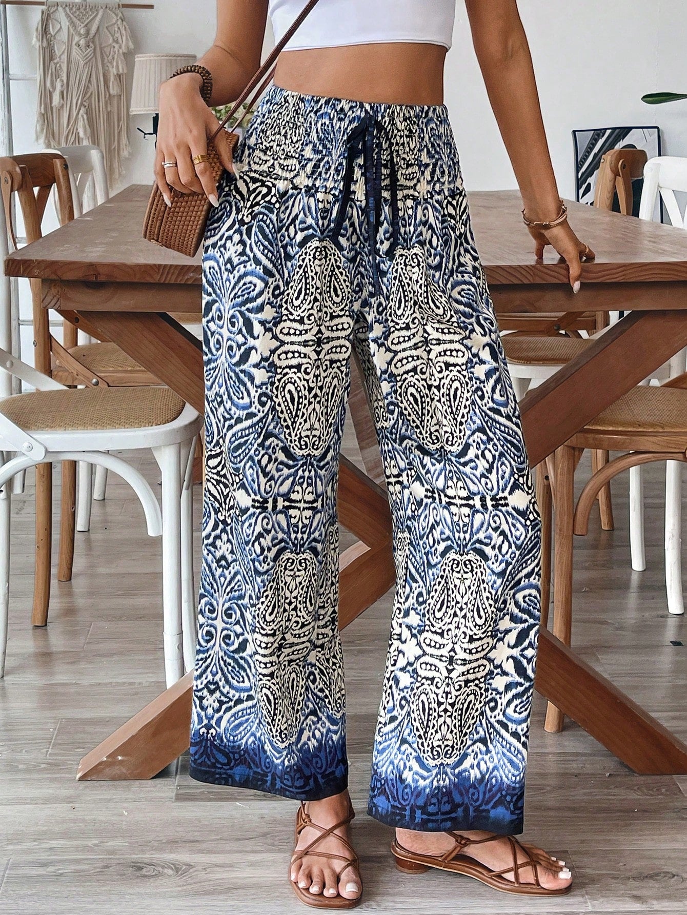 Women's Casual Elegant Comfortable Bamboo Joint Retro Print Waist Drawstring Tassel Wide Leg Pants, Summer Autumn
