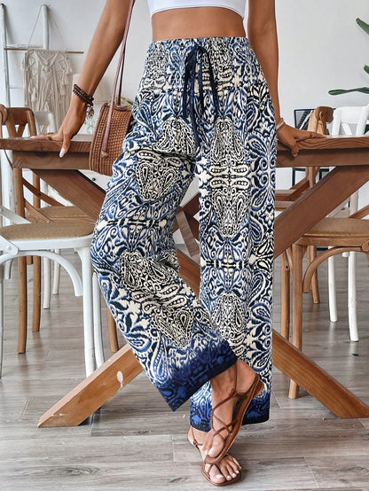 Women's Casual Elegant Comfortable Bamboo Joint Retro Print Waist Drawstring Tassel Wide Leg Pants, Summer Autumn