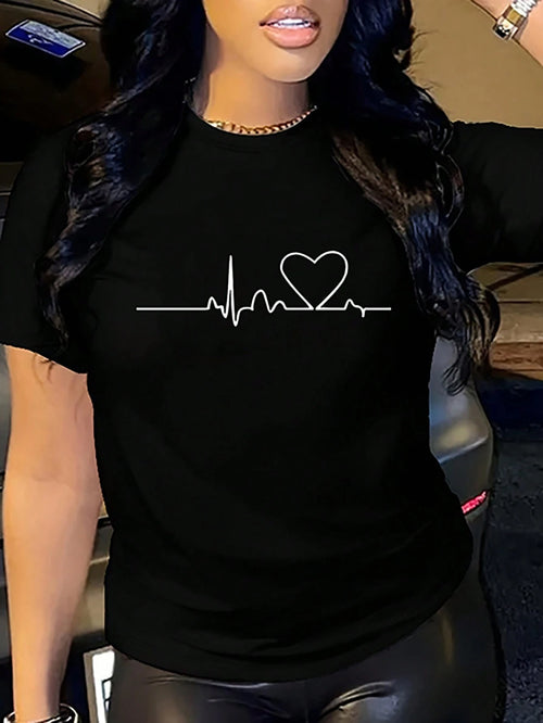 Women's Casual Heart Print T-Shirt, Summer Black