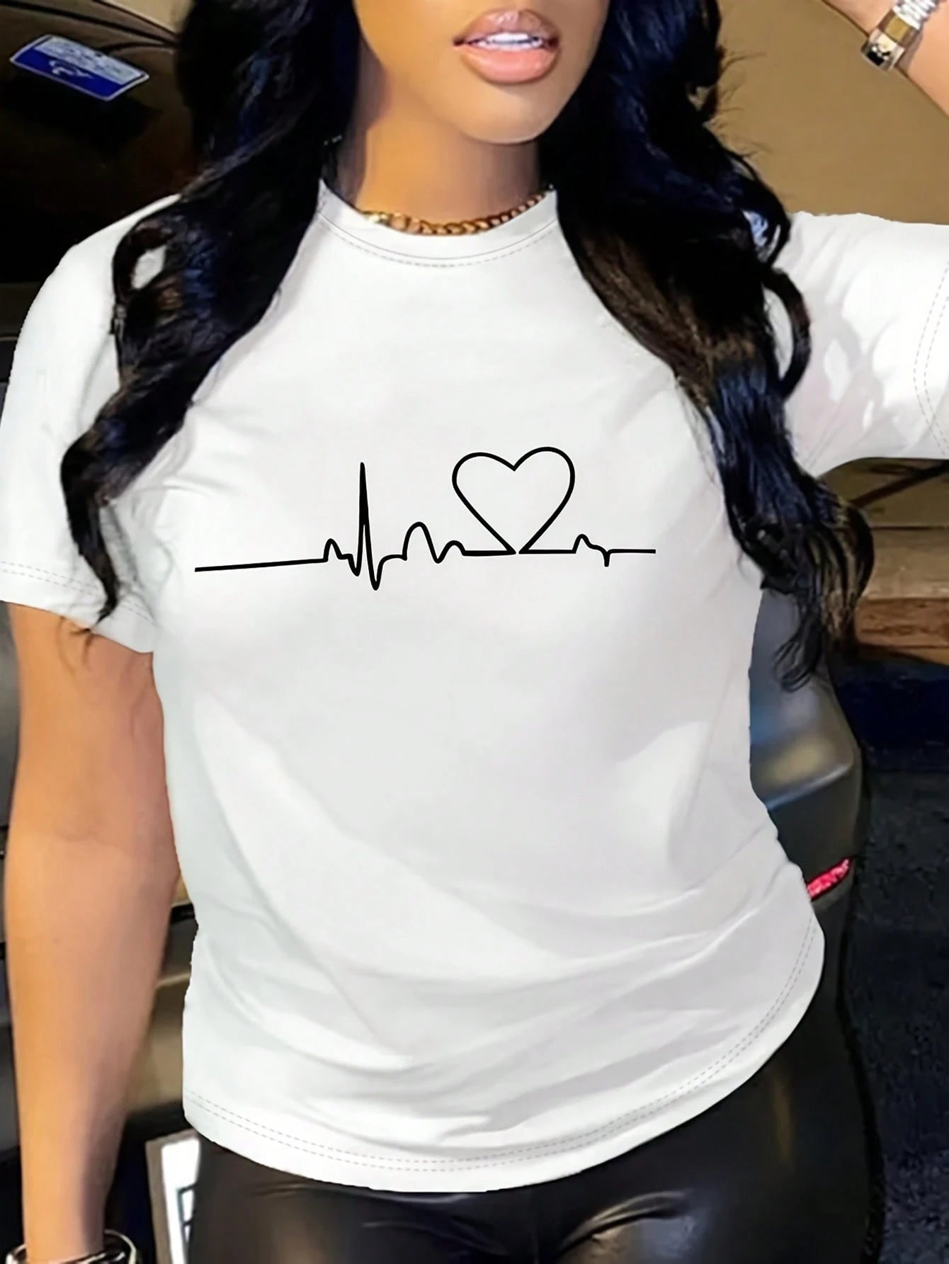 Women's Casual Heart Print T-Shirt, Summer Black