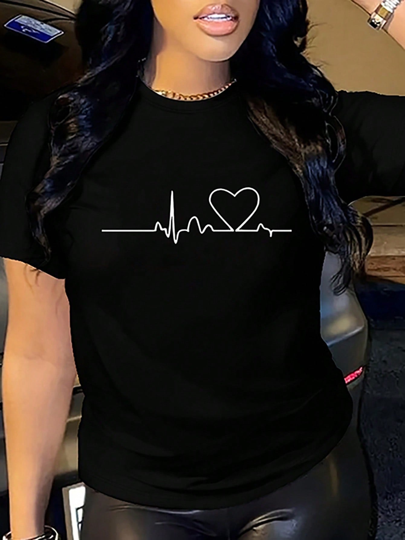 Women's Casual Heart Print T-Shirt, Summer Black