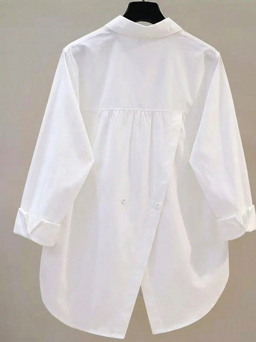 Women's Casual Loose Back Slit Design Turndown Collar Long Sleeve Shirt, Solid Color Woven Fabric, Front Button Slit Pocket, Elegant For Office & Daily Wear, Spring/Autumn White, Smart Casual