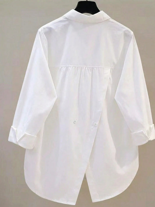 Women's Casual Loose Back Slit Design Turndown Collar Long Sleeve Shirt, Solid Color Woven Fabric, Front Button Slit Pocket, Elegant For Office & Daily Wear, Spring/Autumn White, Smart Casual