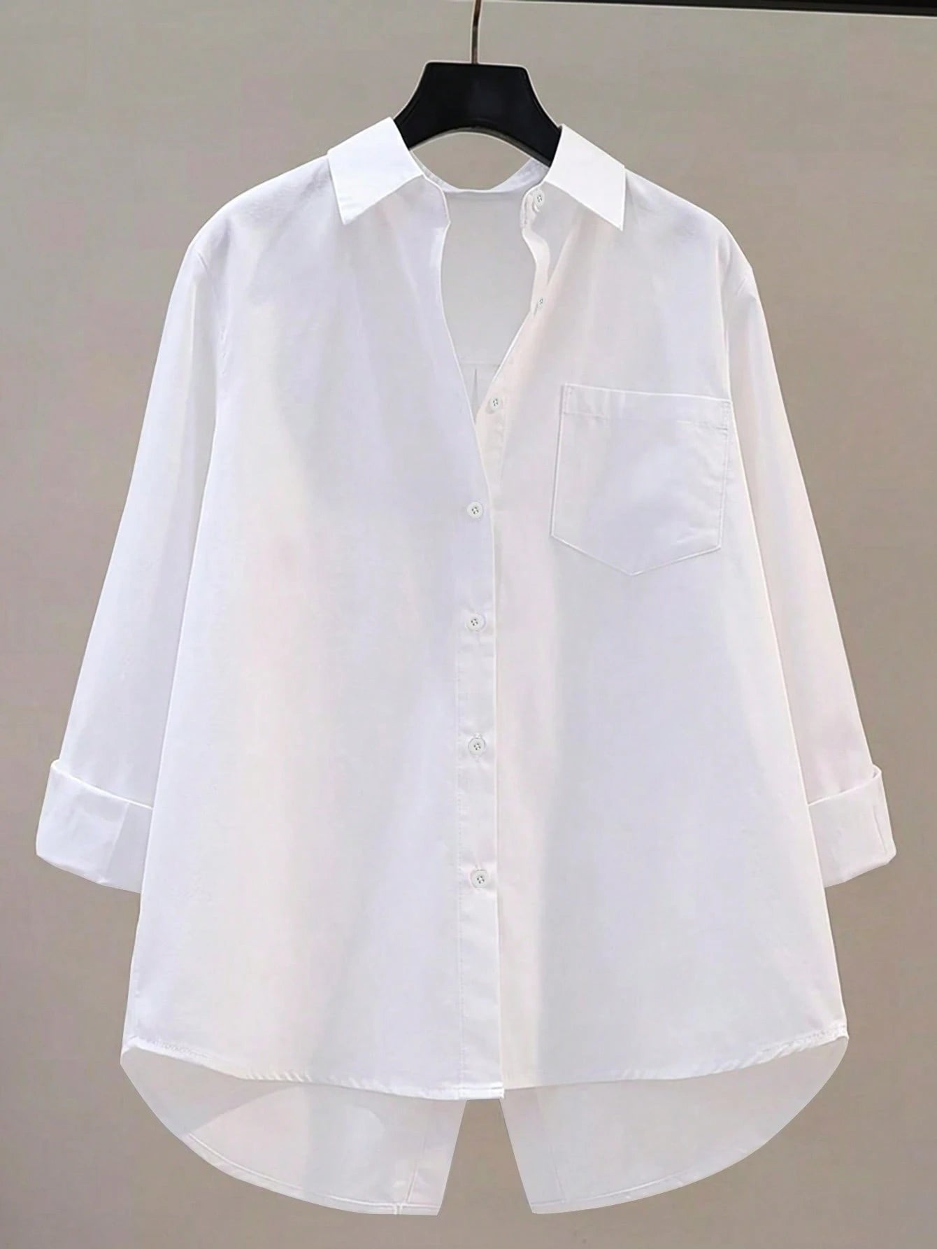 Women's Casual Loose Back Slit Design Turndown Collar Long Sleeve Shirt, Solid Color Woven Fabric, Front Button Slit Pocket, Elegant For Office & Daily Wear, Spring/Autumn White, Smart Casual
