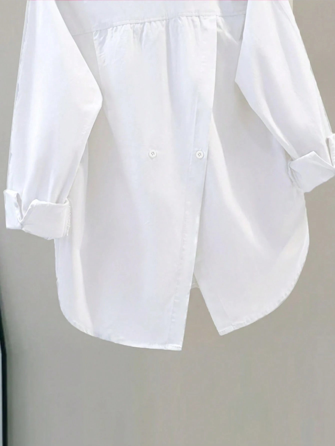 Women's Casual Loose Back Slit Design Turndown Collar Long Sleeve Shirt, Solid Color Woven Fabric, Front Button Slit Pocket, Elegant For Office & Daily Wear, Spring/Autumn White, Smart Casual