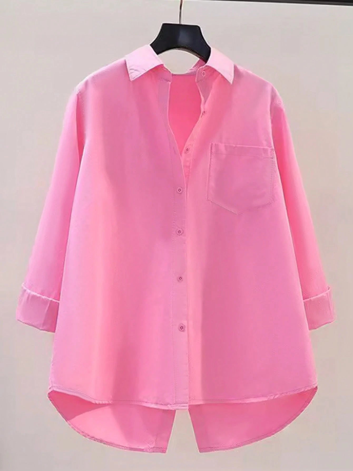 Women's Casual Loose Back Slit Design Turndown Collar Long Sleeve Shirt, Solid Color Woven Fabric, Front Button Slit Pocket, Elegant For Office & Daily Wear, Spring/Autumn White, Smart Casual