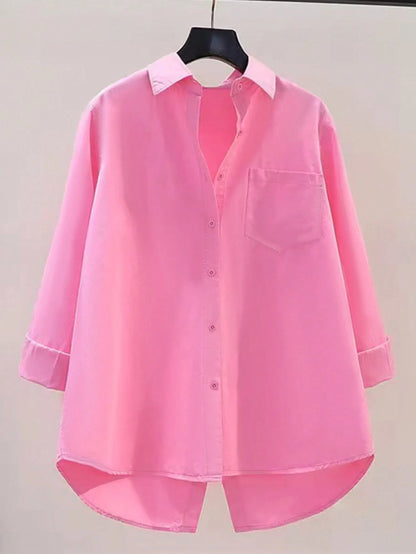 Women's Casual Loose Back Slit Design Turndown Collar Long Sleeve Shirt, Solid Color Woven Fabric, Front Button Slit Pocket, Elegant For Office & Daily Wear, Spring/Autumn White, Smart Casual