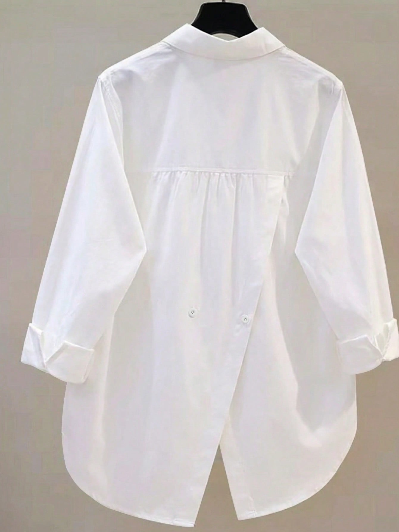 Women's Casual Loose Back Slit Design Turndown Collar Long Sleeve Shirt, Solid Color Woven Fabric, Front Button Slit Pocket, Elegant For Office & Daily Wear, Spring/Autumn White, Smart Casual