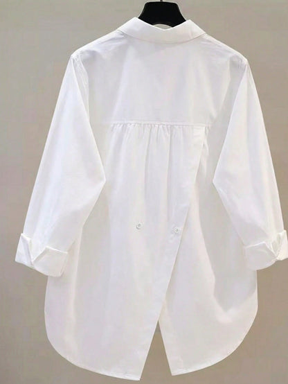 Women's Casual Loose Back Slit Design Turndown Collar Long Sleeve Shirt, Solid Color Woven Fabric, Front Button Slit Pocket, Elegant For Office & Daily Wear, Spring/Autumn White, Smart Casual