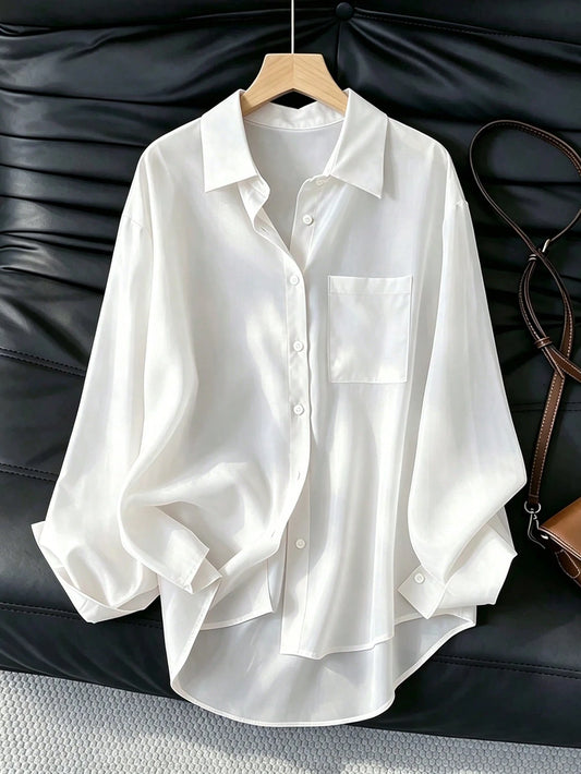Women's Casual Loose Long Sleeve Shirt, Suitable For Work And Commute, Spring/Autumn White, Aesthetic