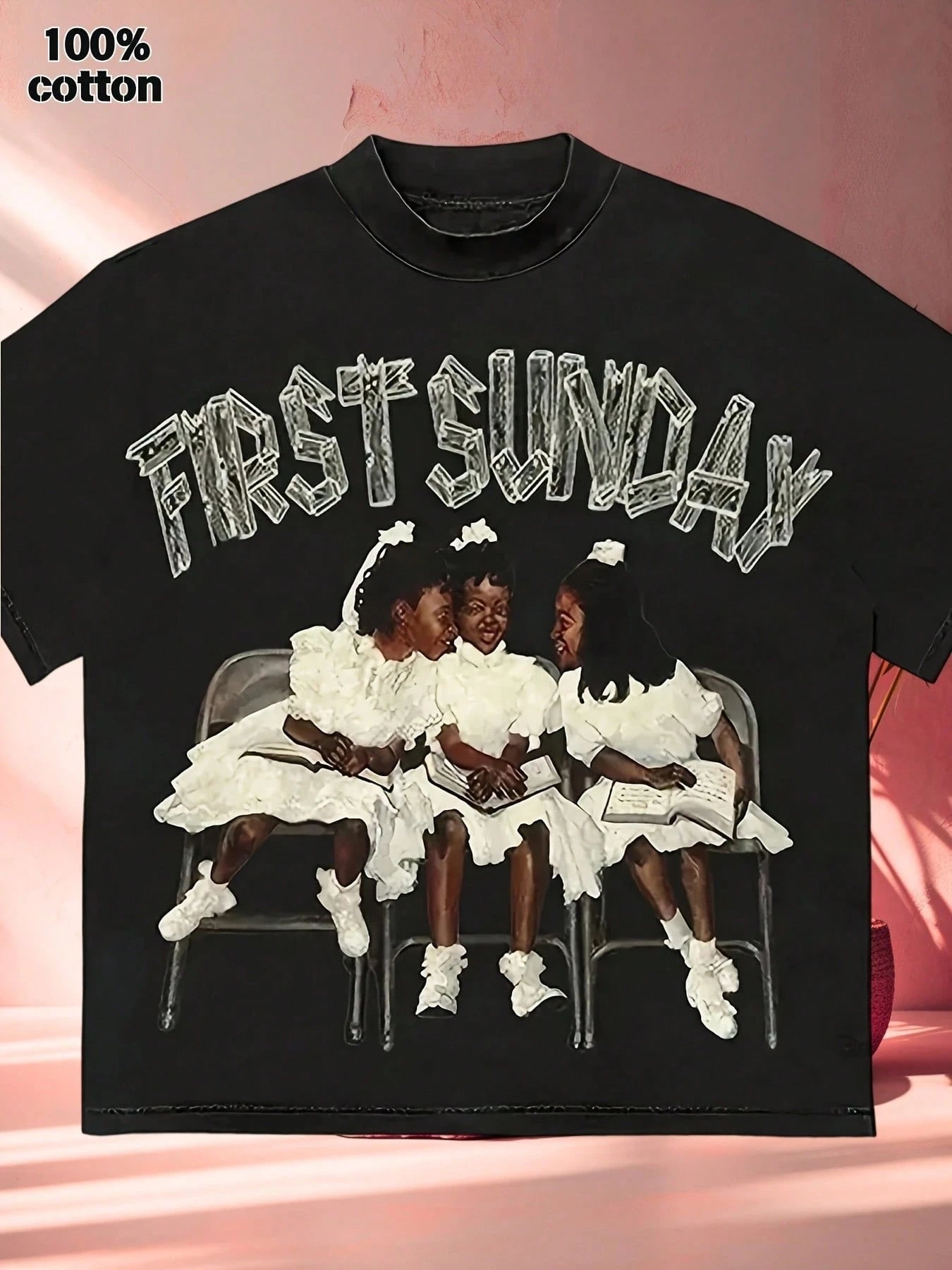 Women's Casual Royal Black Cotton T-Shirt With 'First Sunday' Graphic Print, Short Drop Shoulder Sleeves And Round Neck