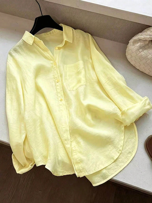 Women's Casual Solid Color Front Button Curved Hem Shirt Spring Yellow, Minimalist