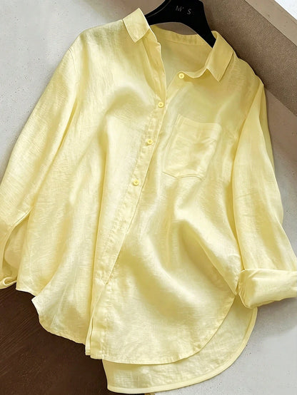 Women's Casual Solid Color Front Button Curved Hem Shirt Spring Yellow, Minimalist