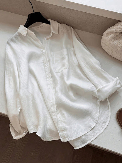 Women's Casual Solid Color Front Button Curved Hem Shirt Spring Yellow, Minimalist