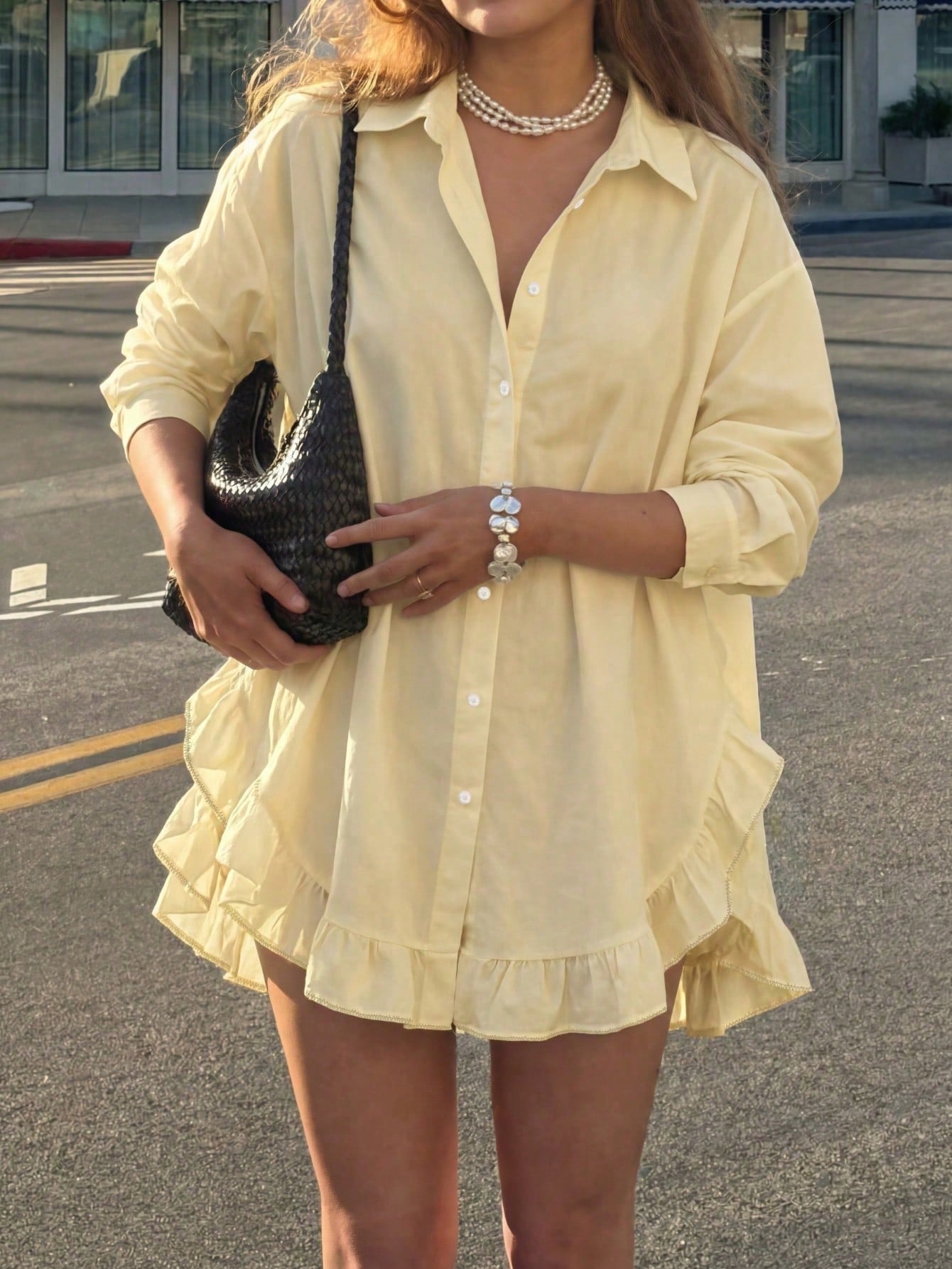 Women's Casual Solid Color Front Button Ruffle Hem Blouse, Spring/Summer Yellow