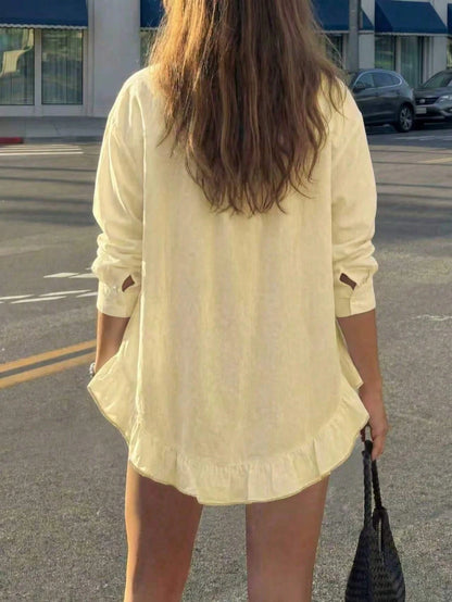 Women's Casual Solid Color Front Button Ruffle Hem Blouse, Spring/Summer Yellow