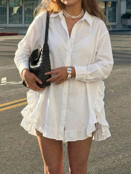 Women's Casual Solid Color Front Button Ruffle Hem Blouse, Spring/Summer Yellow