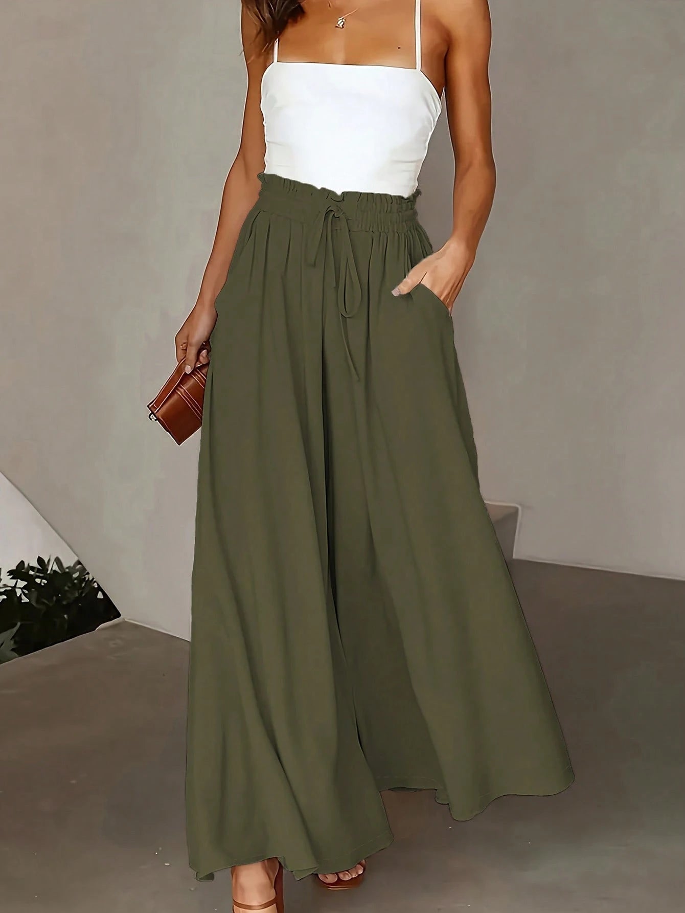 Women's Casual Solid Color Wide Leg Pocket Pants Spring