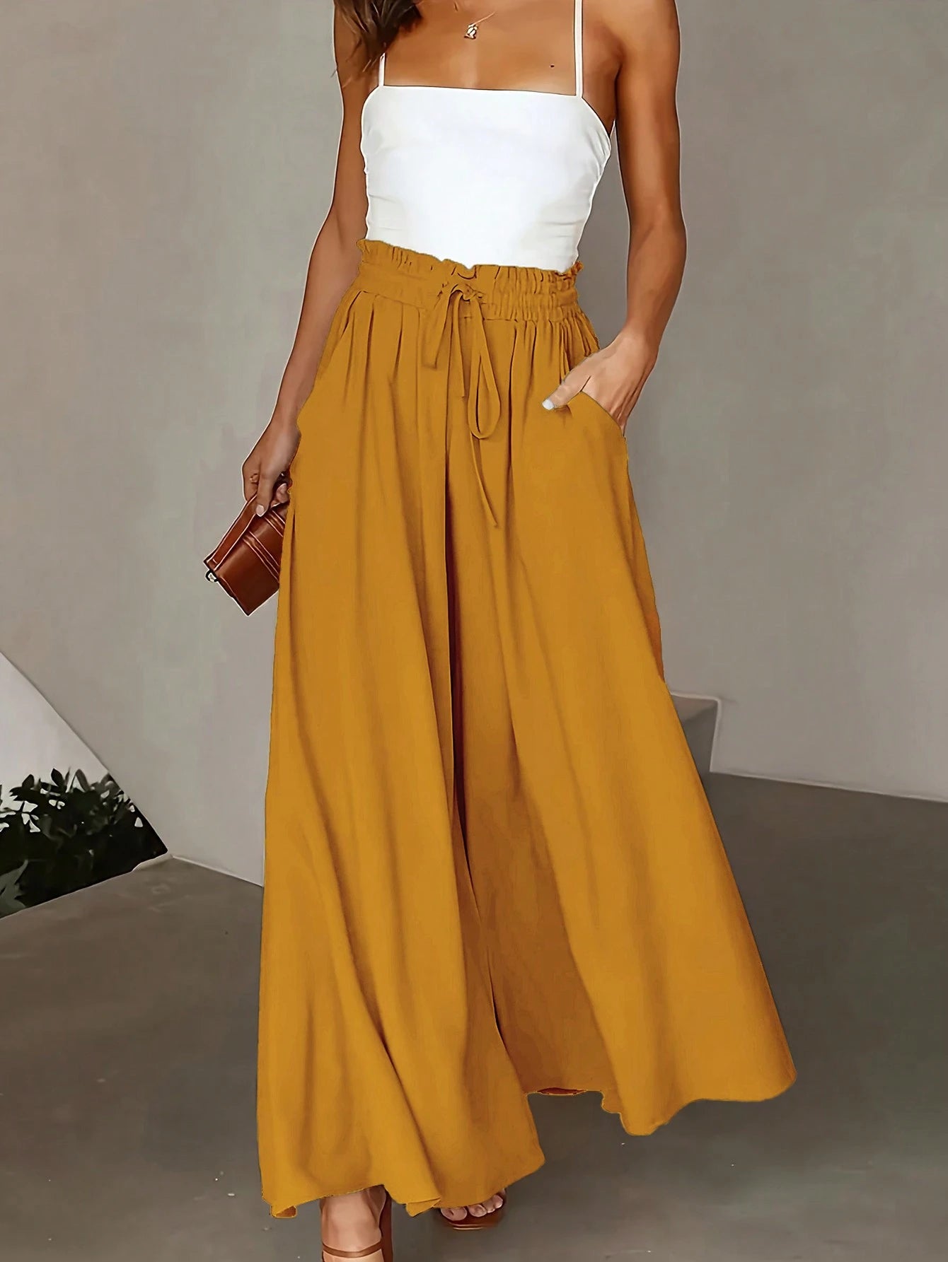 Women's Casual Solid Color Wide Leg Pocket Pants Spring