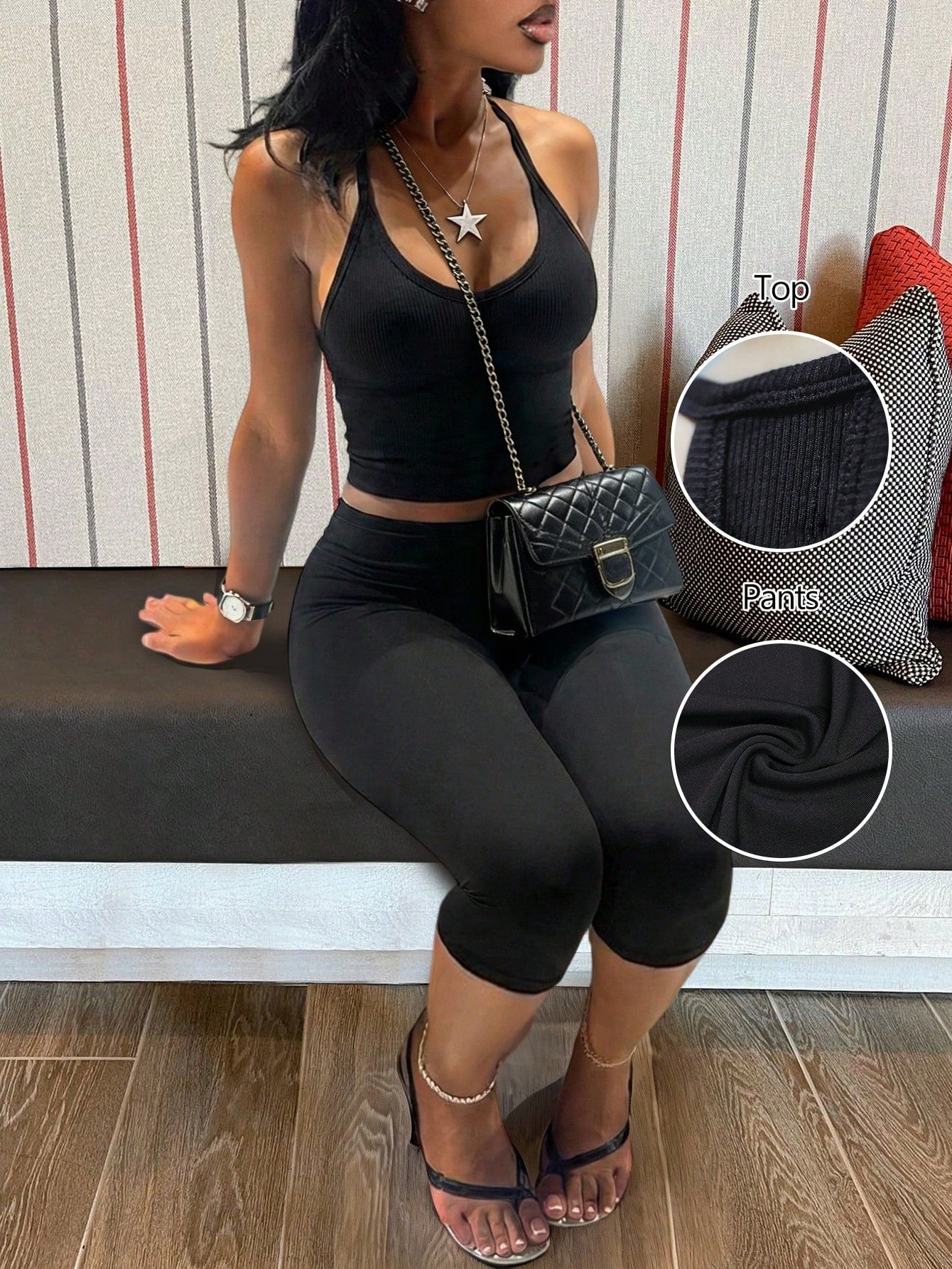 Women's Casual V-Neck Ribbed Knit Tank Top & Fitted Capri Pants Solid Color 2-Piece Set Summer Outfit Black Elegant