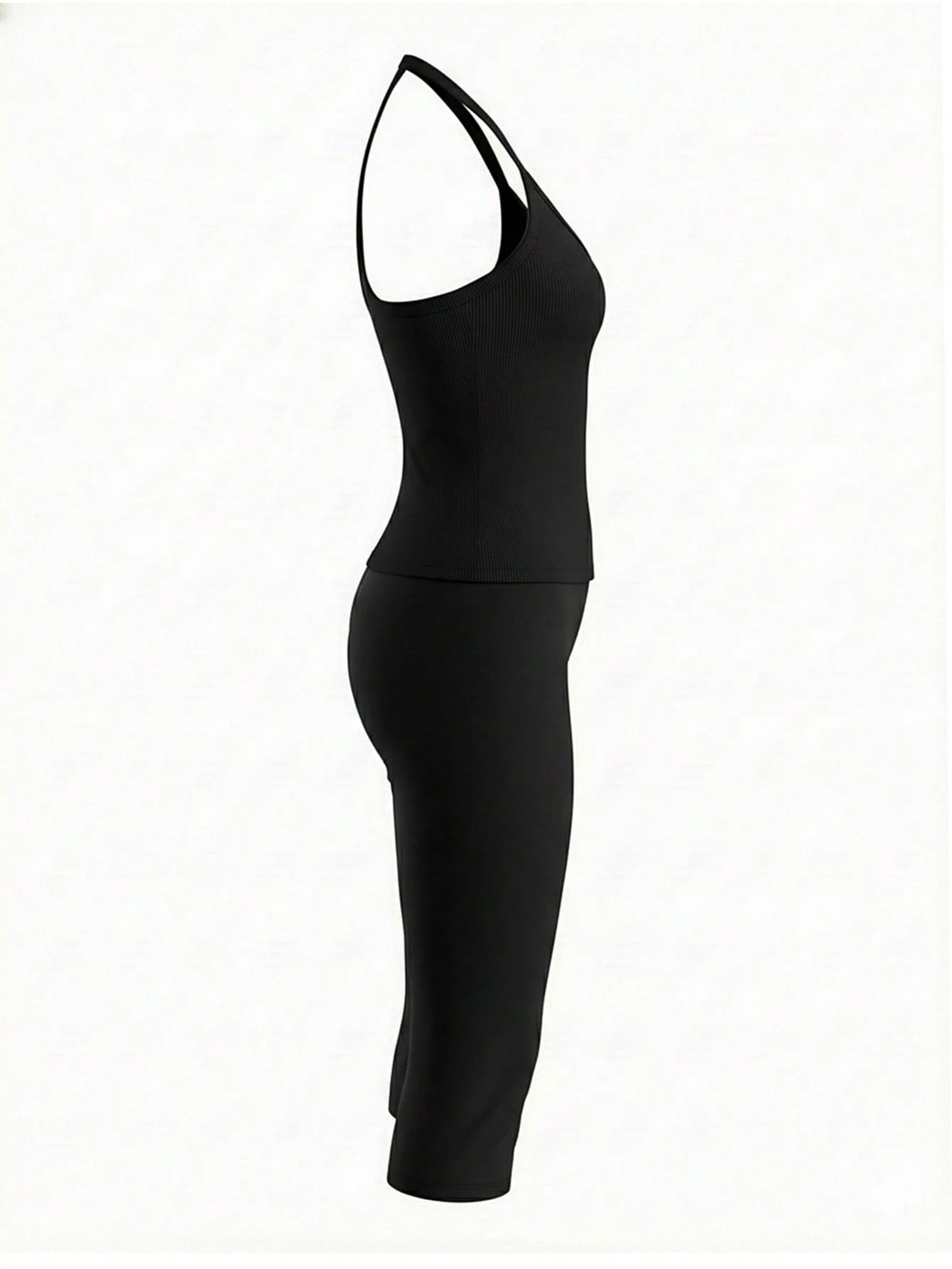 Women's Casual V-Neck Ribbed Knit Tank Top & Fitted Capri Pants Solid Color 2-Piece Set Summer Outfit Black Elegant