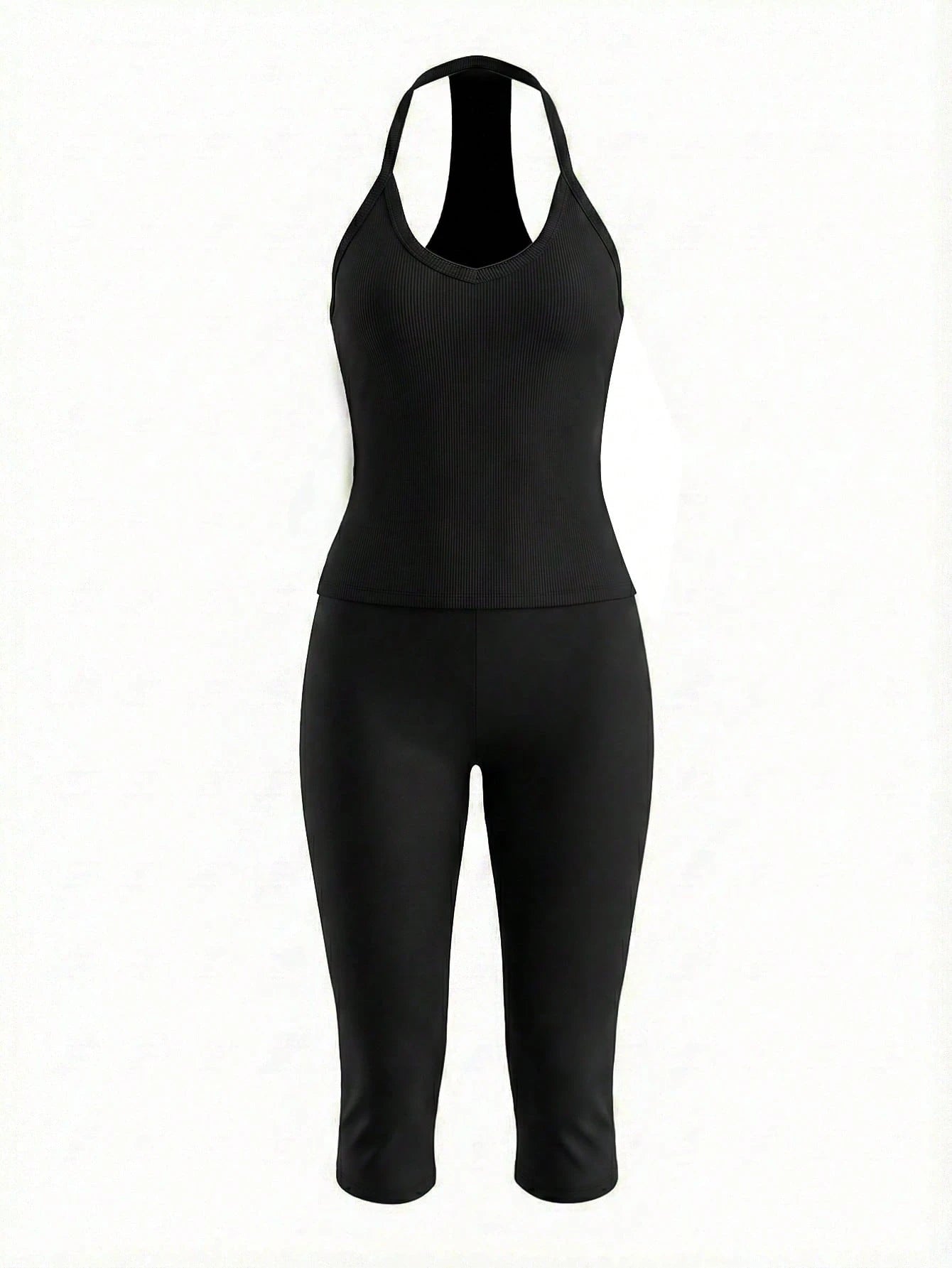 Women's Casual V-Neck Ribbed Knit Tank Top & Fitted Capri Pants Solid Color 2-Piece Set Summer Outfit Black Elegant