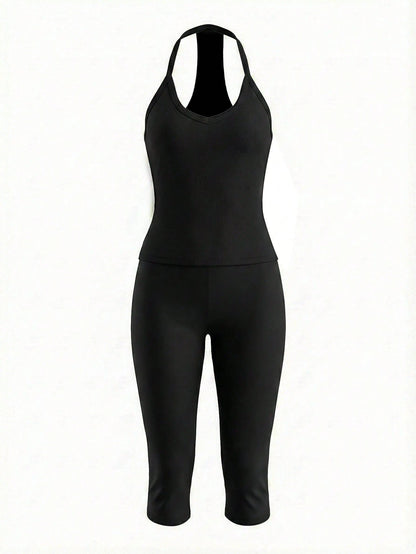 Women's Casual V-Neck Ribbed Knit Tank Top & Fitted Capri Pants Solid Color 2-Piece Set Summer Outfit Black Elegant