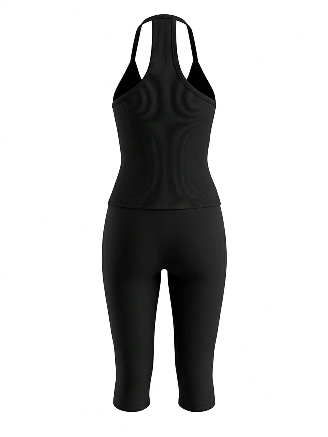 Women's Casual V-Neck Ribbed Knit Tank Top & Fitted Capri Pants Solid Color 2-Piece Set Summer Outfit Black Elegant