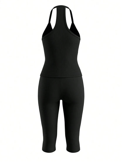 Women's Casual V-Neck Ribbed Knit Tank Top & Fitted Capri Pants Solid Color 2-Piece Set Summer Outfit Black Elegant