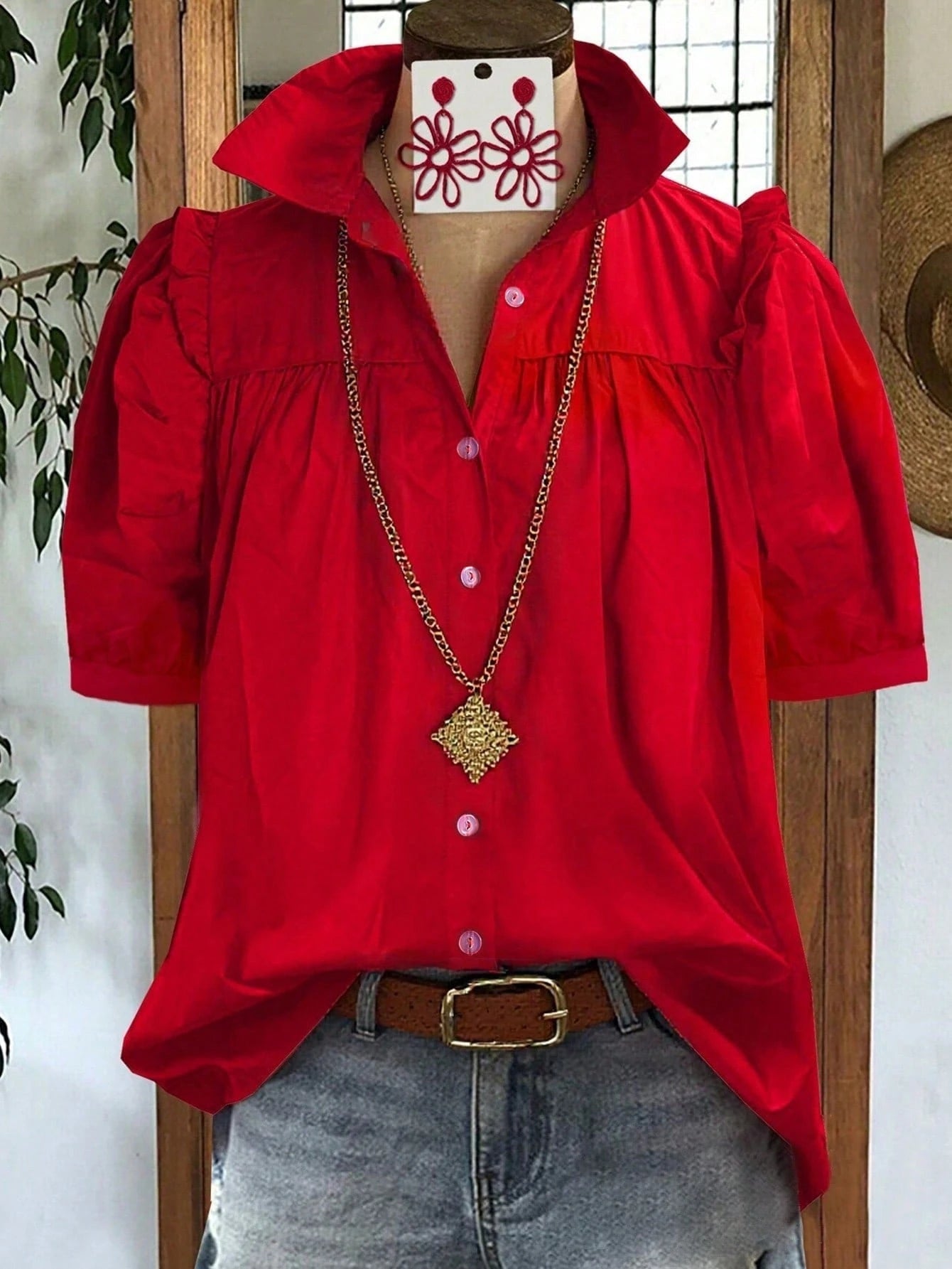 Women's Casual Vacation Solid Color Crinkle Pleated Wooden Button Loose Short Sleeve Blouse, Spring/Summer Red