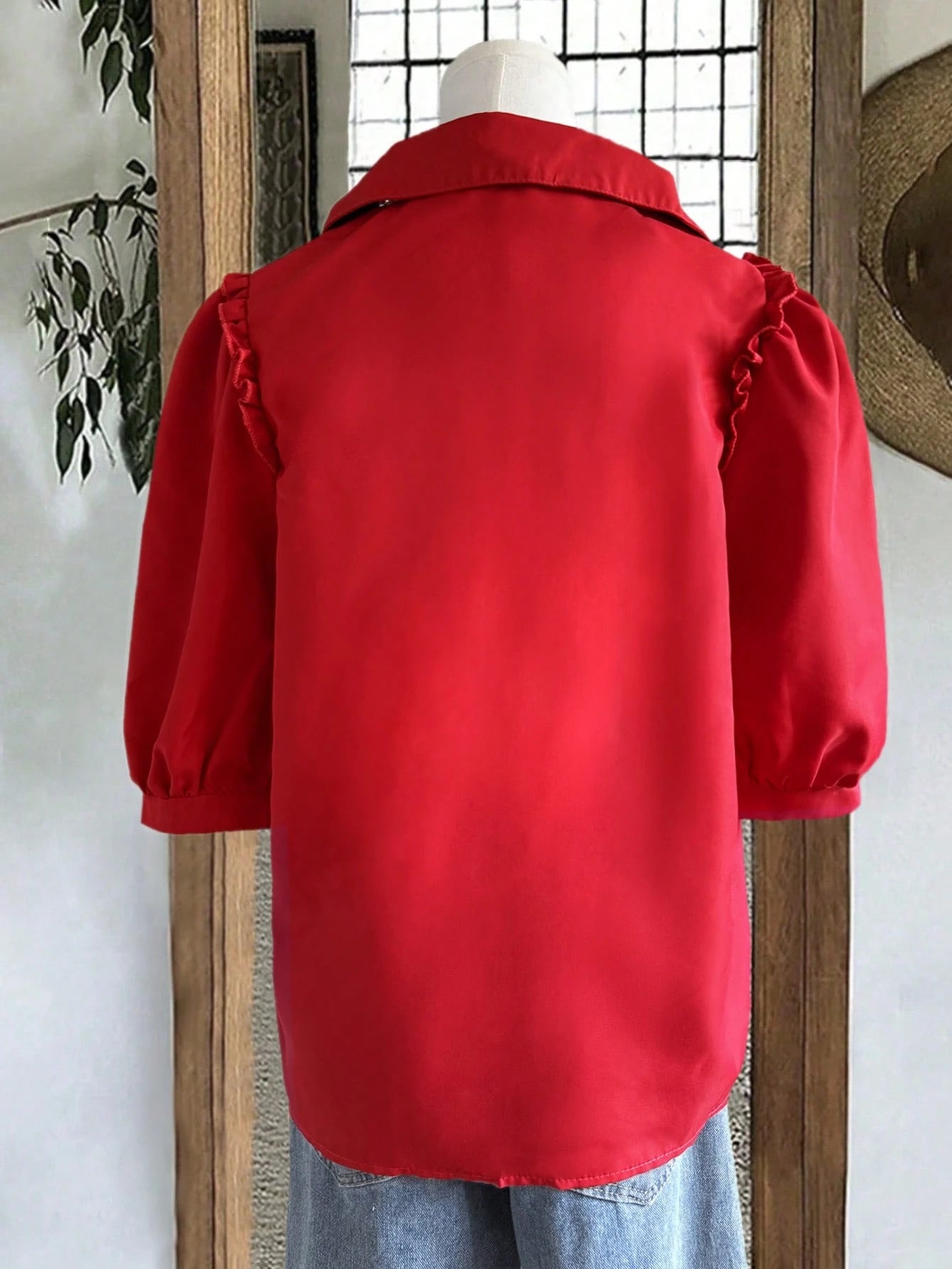 Women's Casual Vacation Solid Color Crinkle Pleated Wooden Button Loose Short Sleeve Blouse, Spring/Summer Red