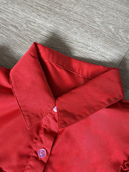 Women's Casual Vacation Solid Color Crinkle Pleated Wooden Button Loose Short Sleeve Blouse, Spring/Summer Red