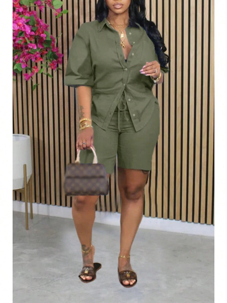 Women's Chic Green Two-Piece Shorts Set With Button-Up Shirt And Drawstring Waist, Casual Knit Fabric Outfit For Everyday Comfort