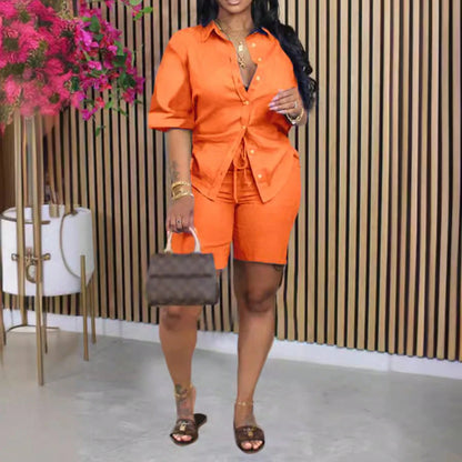 Women's Chic Green Two-Piece Shorts Set With Button-Up Shirt And Drawstring Waist, Casual Knit Fabric Outfit For Everyday Comfort