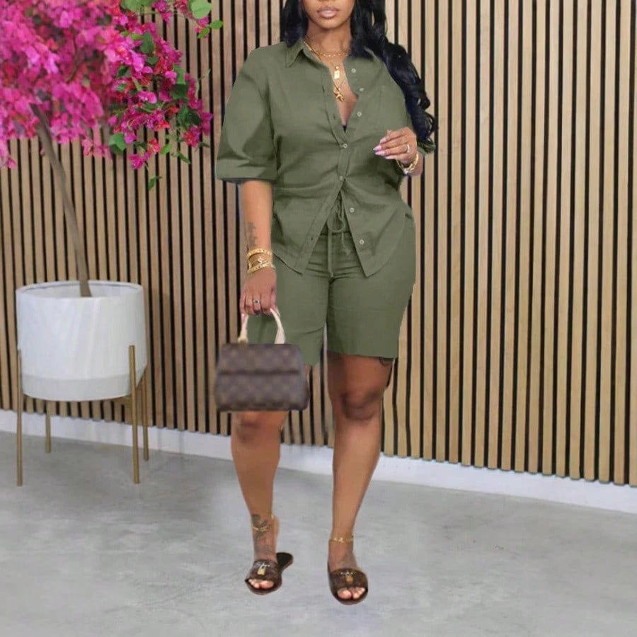 Women's Chic Green Two-Piece Shorts Set With Button-Up Shirt And Drawstring Waist, Casual Knit Fabric Outfit For Everyday Comfort