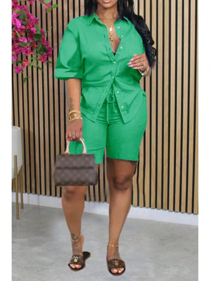 Women's Chic Green Two-Piece Shorts Set With Button-Up Shirt And Drawstring Waist, Casual Knit Fabric Outfit For Everyday Comfort