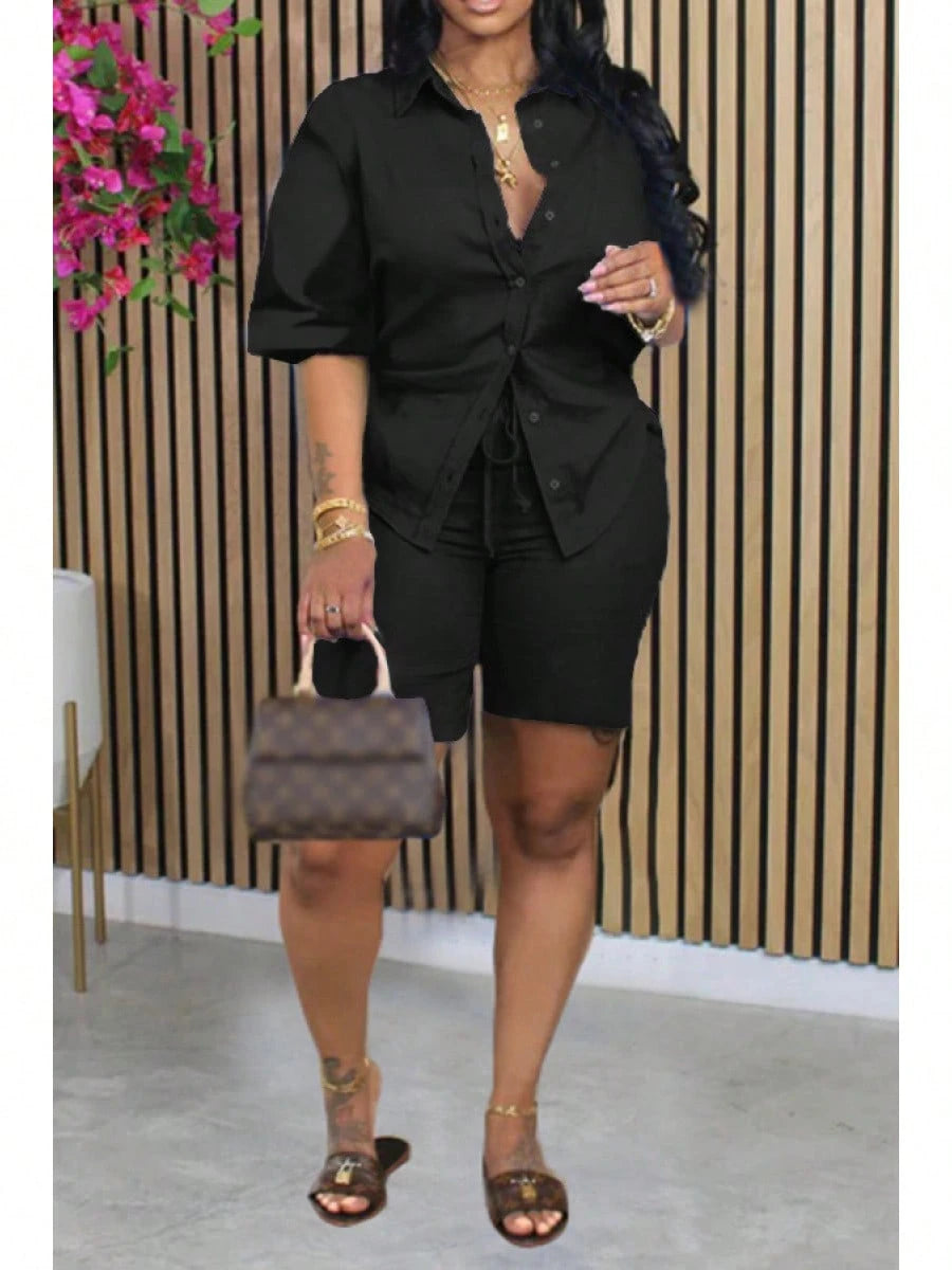 Women's Chic Green Two-Piece Shorts Set With Button-Up Shirt And Drawstring Waist, Casual Knit Fabric Outfit For Everyday Comfort