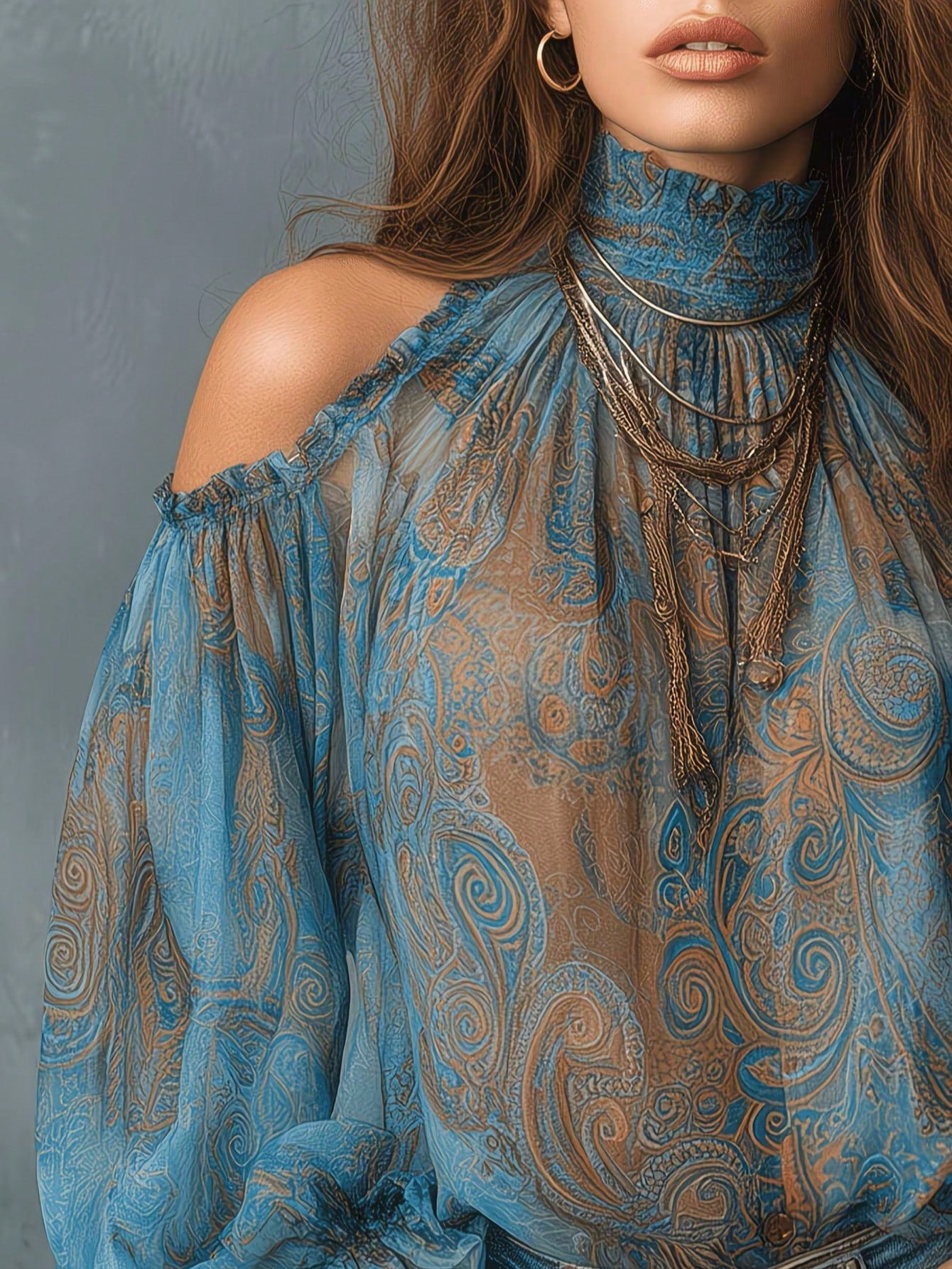Women's Cold Shoulder Floral Print Chiffon Blouse, Semi-Sheer Long Sleeve Top Vacation, Boho