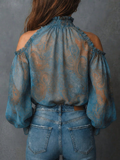 Women's Cold Shoulder Floral Print Chiffon Blouse, Semi-Sheer Long Sleeve Top Vacation, Boho