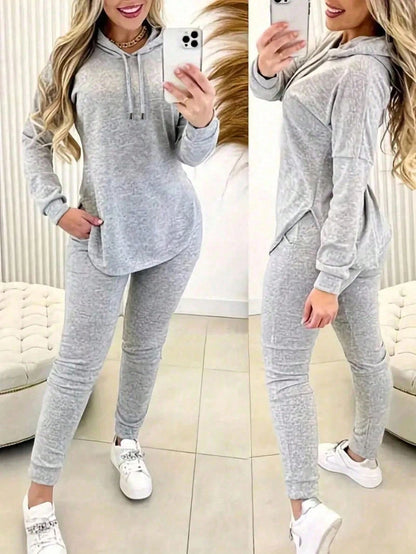 Women's Comfy 2 Piece Hoodie Outfit Set Casual Solid Color Aesthetic Curved Hem Hoodie + High Waist Jogger Pants Loungewear Tracksuit For Home & Gym