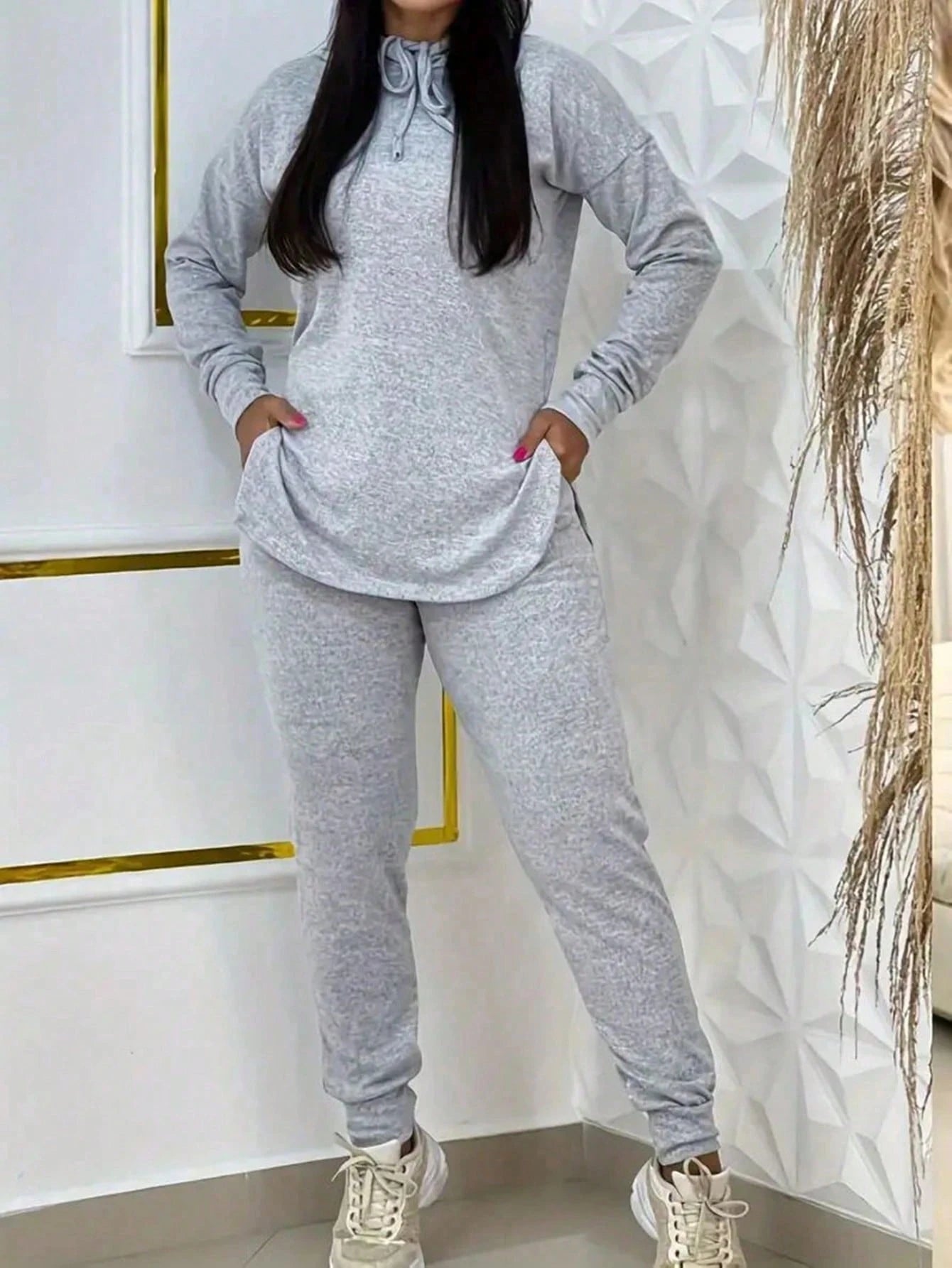 Women's Comfy 2 Piece Hoodie Outfit Set Casual Solid Color Aesthetic Curved Hem Hoodie + High Waist Jogger Pants Loungewear Tracksuit For Home & Gym
