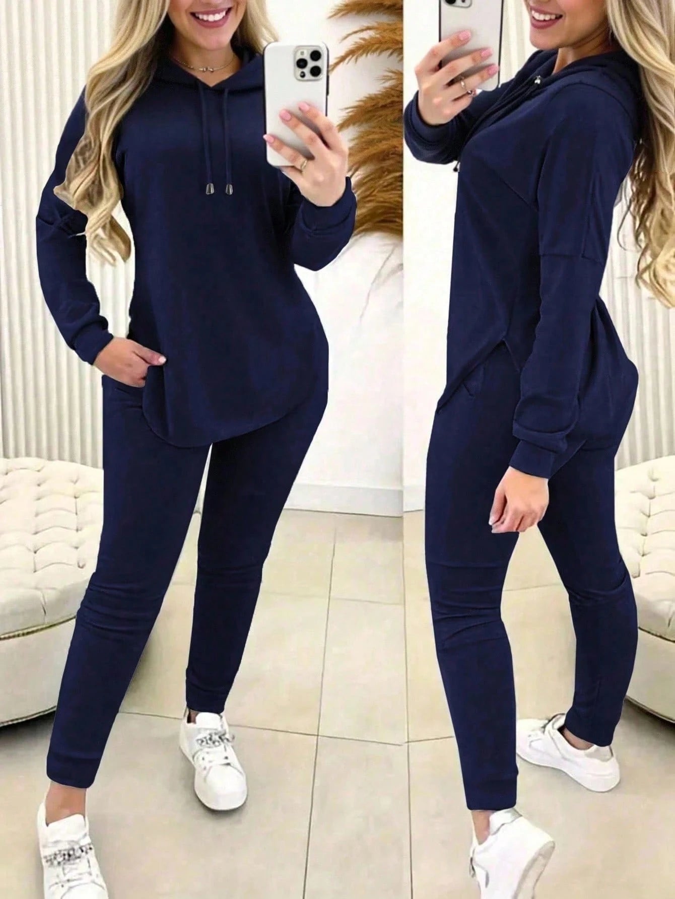 Women's Comfy 2 Piece Hoodie Outfit Set Casual Solid Color Aesthetic Curved Hem Hoodie + High Waist Jogger Pants Loungewear Tracksuit For Home & Gym