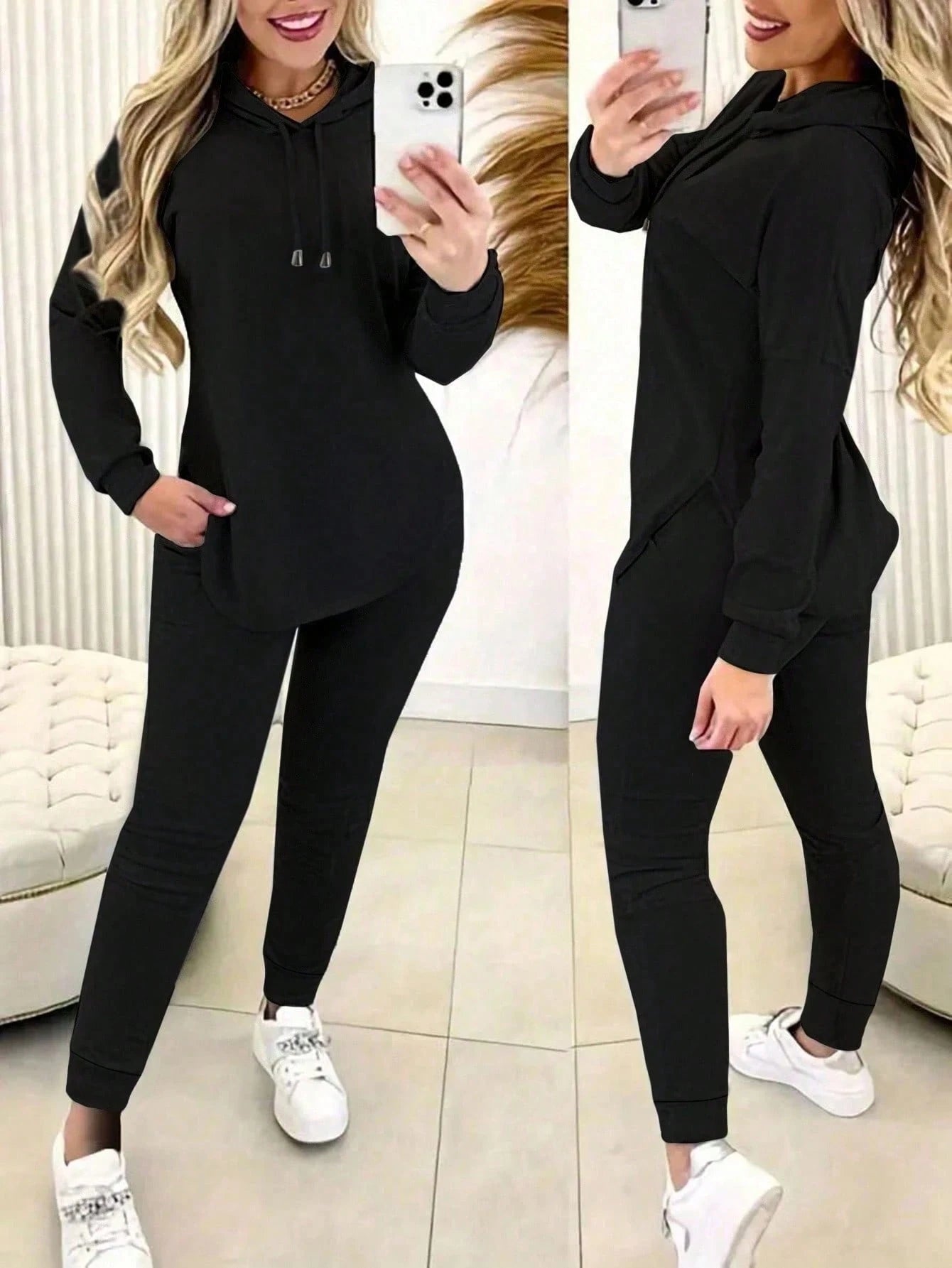 Women's Comfy 2 Piece Hoodie Outfit Set Casual Solid Color Aesthetic Curved Hem Hoodie + High Waist Jogger Pants Loungewear Tracksuit For Home & Gym