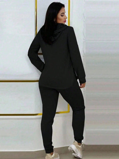 Women's Comfy 2 Piece Hoodie Outfit Set Casual Solid Color Aesthetic Curved Hem Hoodie + High Waist Jogger Pants Loungewear Tracksuit For Home & Gym