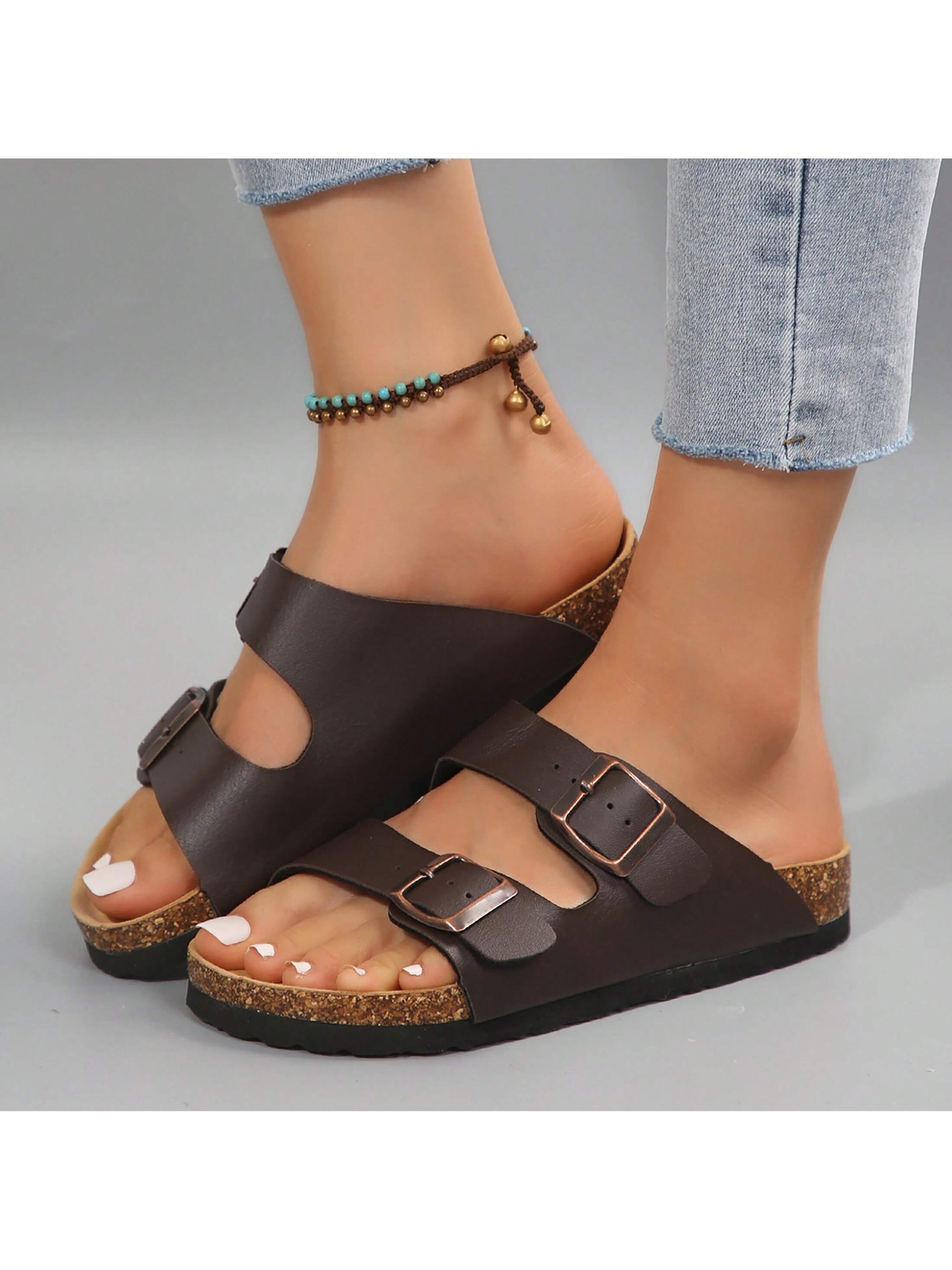Women's Cork Footbed Slippers Adjustable Buckle Slippers Non-Slip Soft Flat Open Toe Sandals